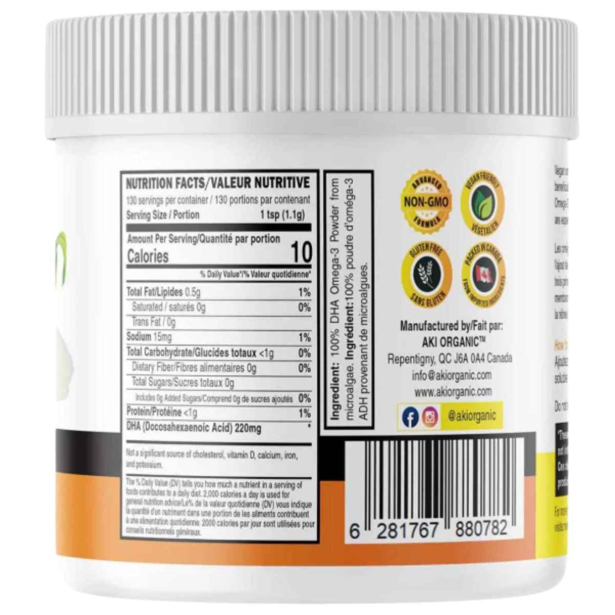 Información nutricional de AKI Organic DHA omega 3 vegano de microalgas en polvo, presentación de 130 g.