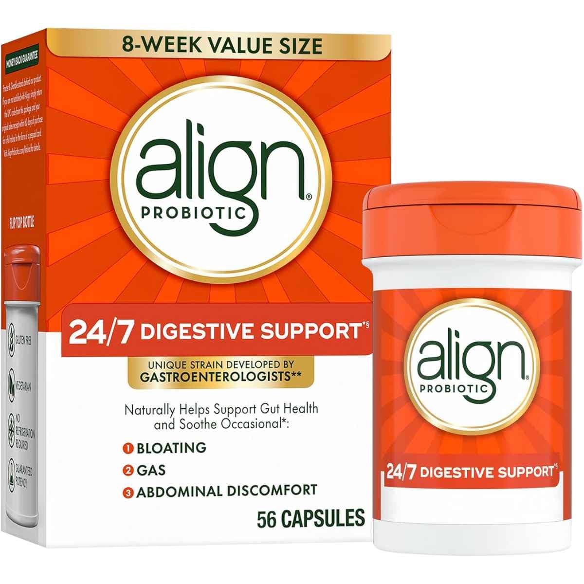 Frasco de suplemento Align - Bifidobacterium longum 35624 10 mg 56 cápsulas