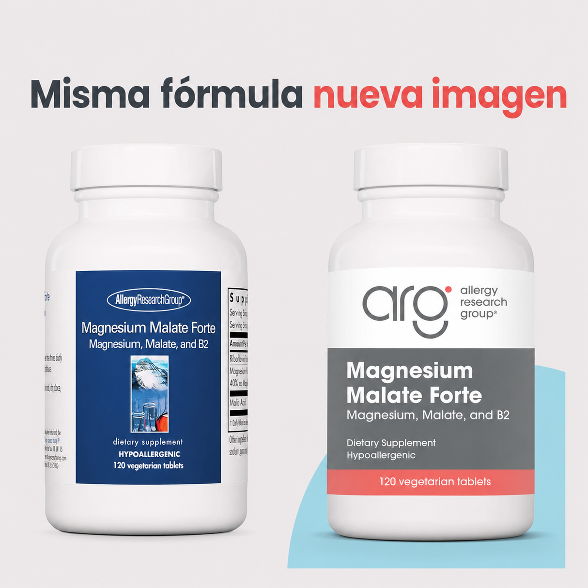 Frascos de Allergy Research Group Magnesium Malate Forte, 120 tabletas vegetarianas. Misma fórmula, nueva imagen.