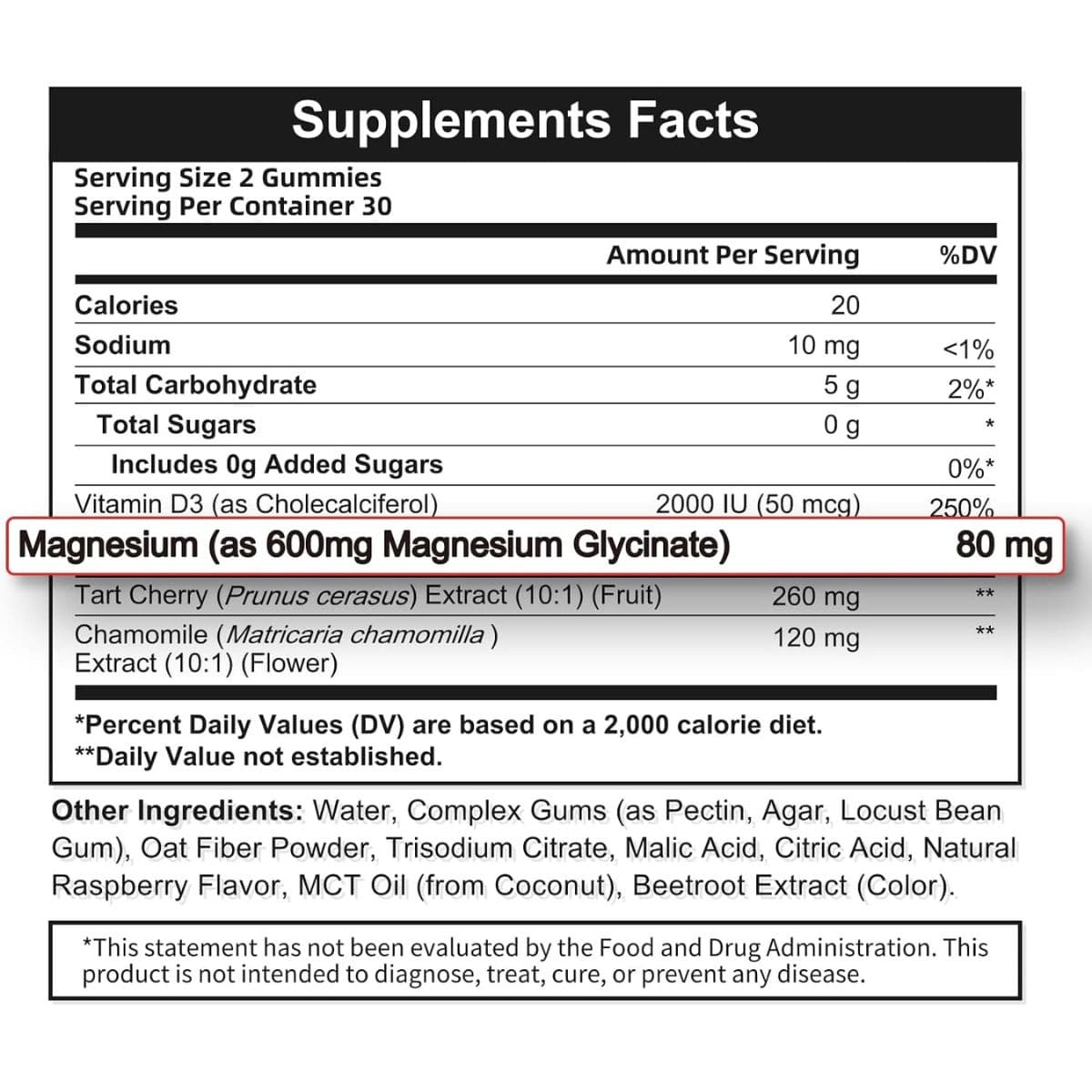 Panel de información del suplemento de Alliwise Glicinato de magnesio en gomitas, con 80 mg de magnesio, vitamina D3, cereza ácida y manzanilla por porción.