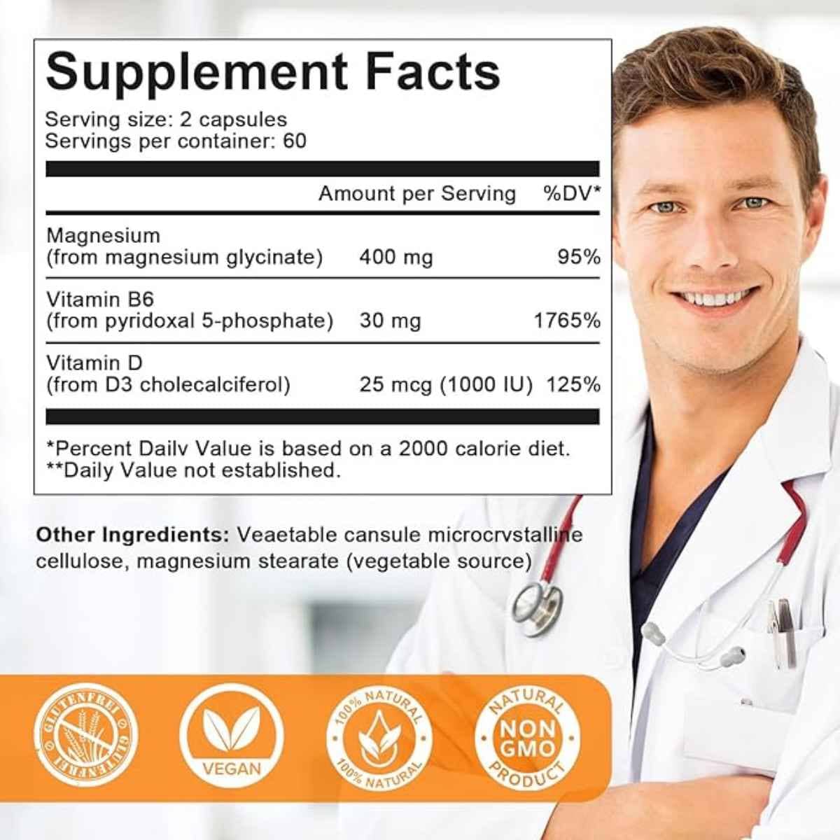 Panel de información del suplemento de Alliwise glicinato de magnesio con vitaminas D3 y B6