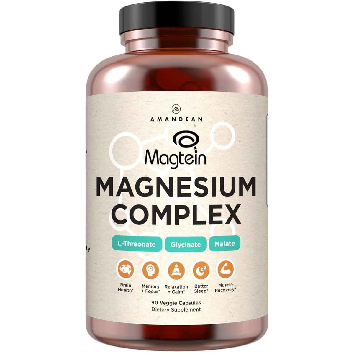Frasco frontal de Amandean Complejo de magnesio con Magtein, presentación de 90 cápsulas vegetales.