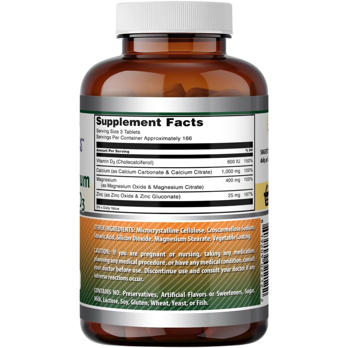 Información del suplemento de Amazing Formulas con calcio, magnesio, zinc y vitamina D3, presentación de 500 tabletas