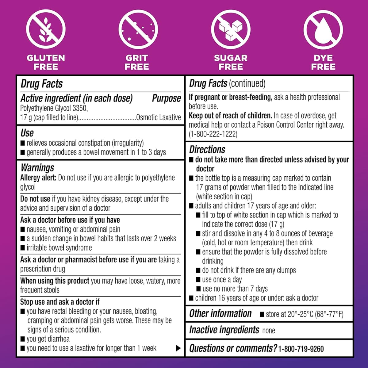 Tabla nutricional del suplemento Amazon Basic Care ClearLax Polietilenglicol 3350 765 g