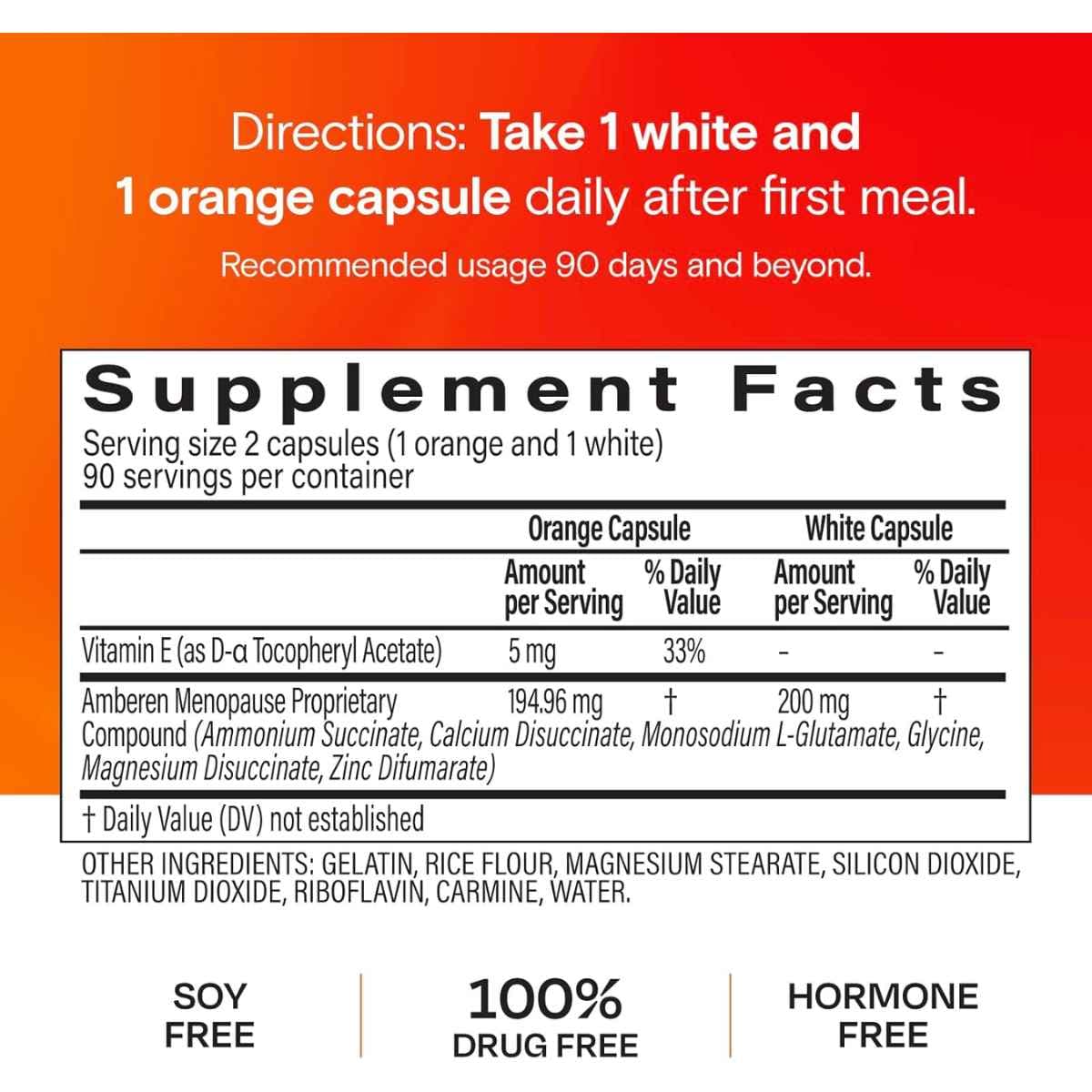 Tabla nutricional del suplemento Amberen Fórmula para Menopausia 180 cápsulas