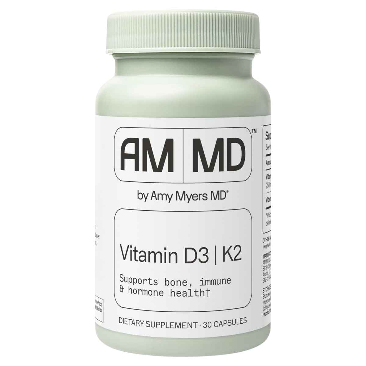 Frasco de suplemento Amy Myers MD Vitamina D3 y K2 10000 UI 30 cápsulas