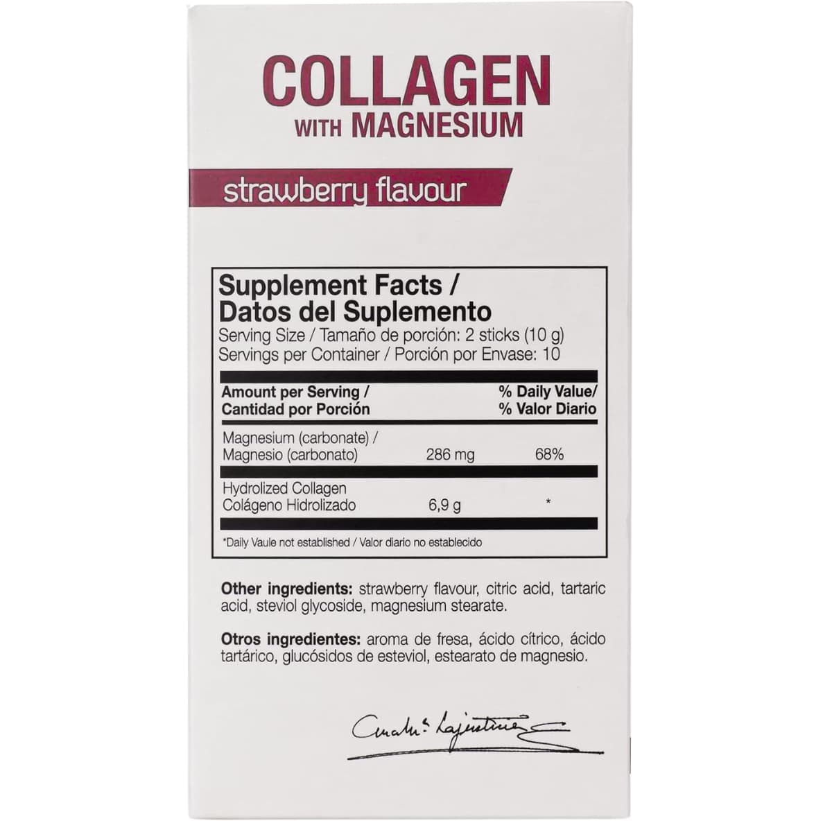 Información del suplemento de Ana María Lajusticia colágeno con magnesio en sobres sabor fresa, con 6,9 g de colágeno y 286 mg de magnesio por porción