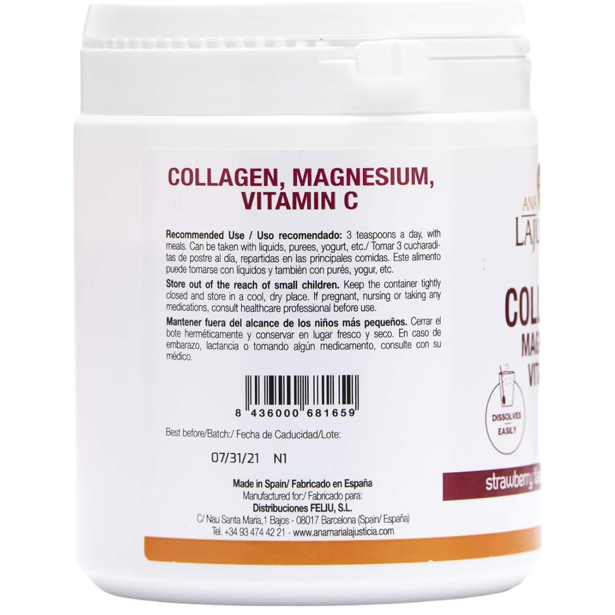 Modo de uso y código de barras de Ana María Lajusticia colágeno con magnesio y vitamina C sabor fresa, 350 g