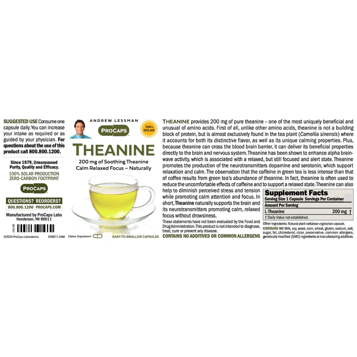 Tabla nutricional del suplemento Andrew Lessman L-Teanina 200 mg 360 cápsulas