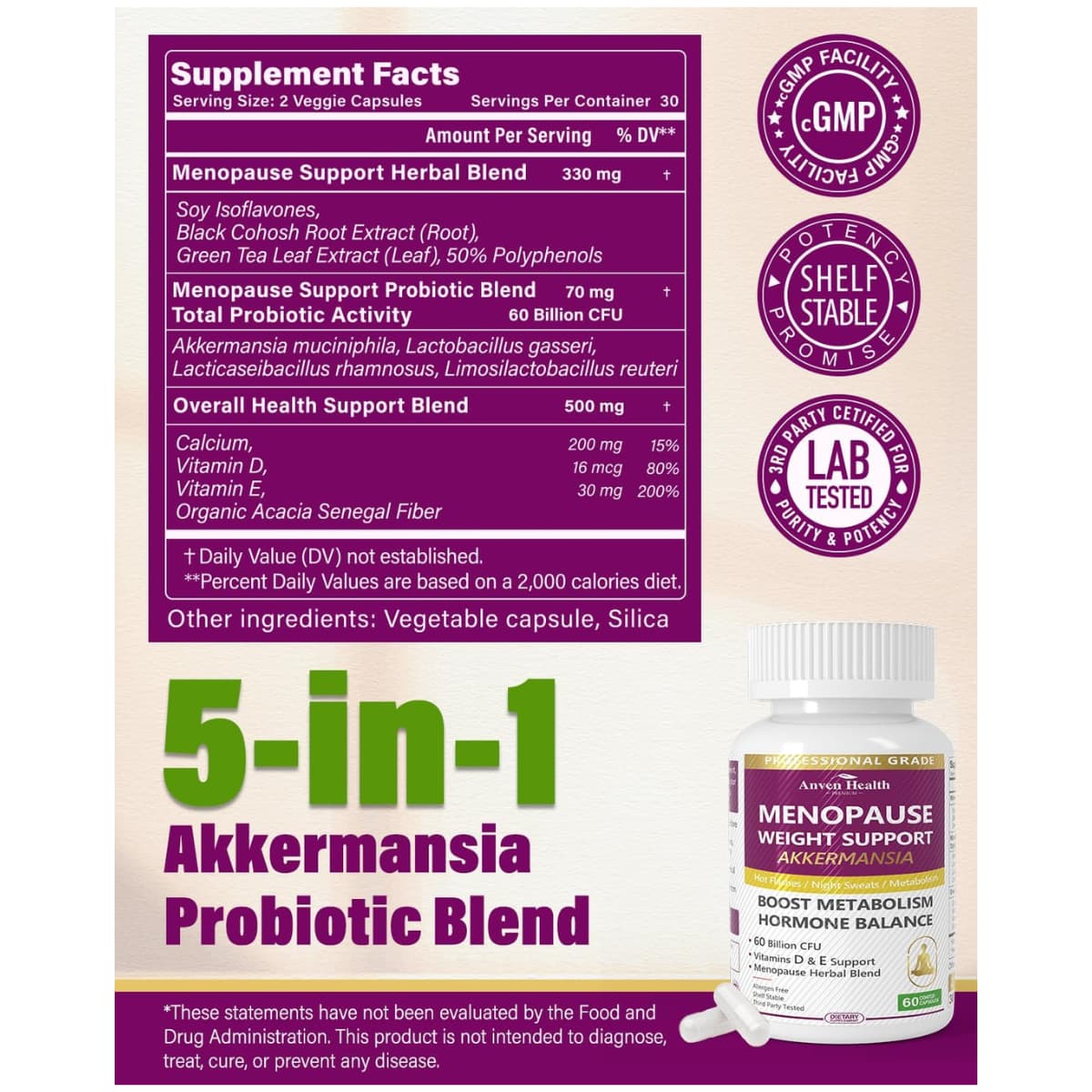 Etiqueta de Anven Health Probiótico Akkermansia con tabla del suplemento y mezcla probiótica