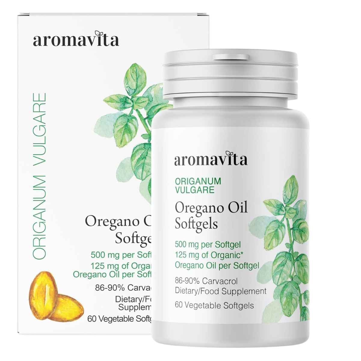 Frasco de suplemento Aromavita Aceite de Orégano 500 mg 60 cápsulas blandas