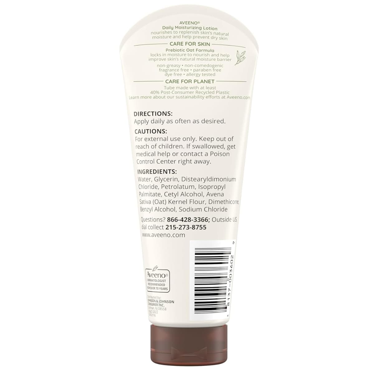 Etiqueta con información de la loción Aveeno Loción Corporal Hidratante Diaria paquete de 3 de 71 g