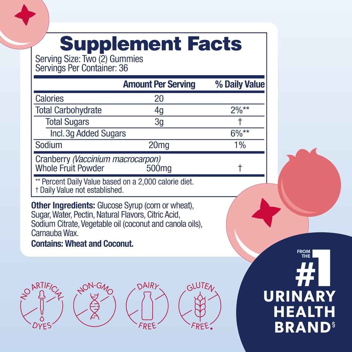 Tabla nutricional del suplemento AZO Arándano Rojo Berrylicious 72 gomitas