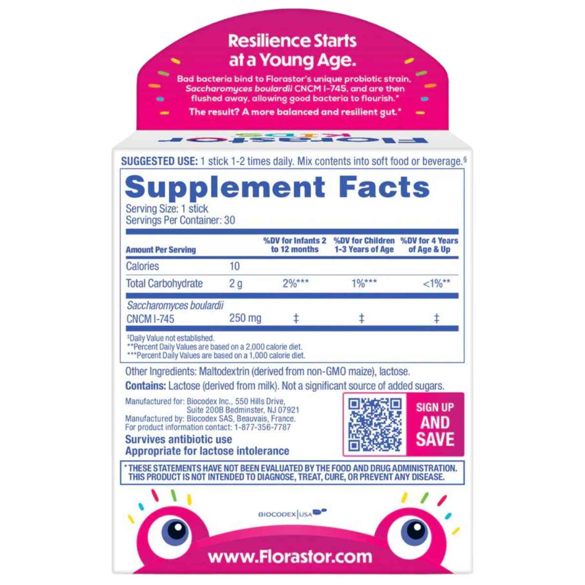 Florastor Suplemento Probiótico Doble Acción para Niños - 30 Tubitos - Tabla Nutricional - Haz Tu Pedido