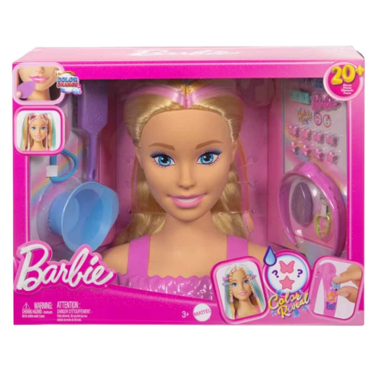 Empaque frontal de Barbie Color Reveal cabeza para peinar con accesorios.