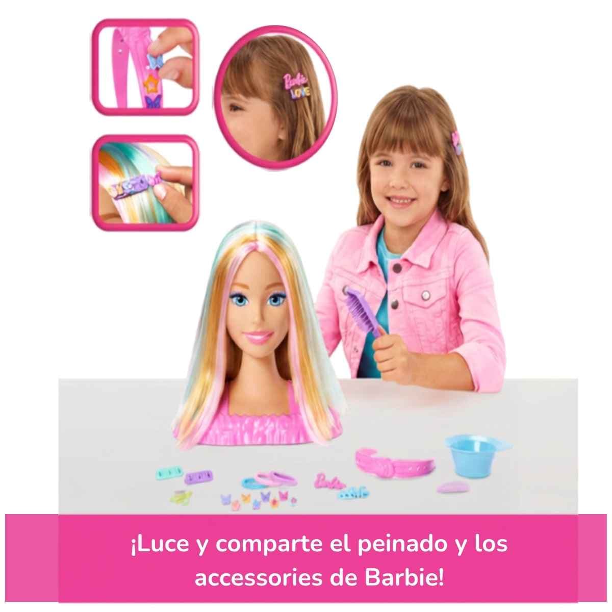 Niña jugando con la cabeza para peinar Barbie Color Reveal y sus accesorios de cabello.