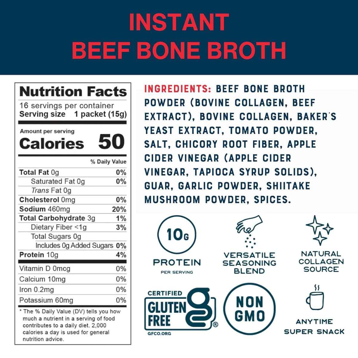 Tabla nutricional del suplemento Bare Bones Caldo de Huesos de Res Instantáneo 16 Sobres.