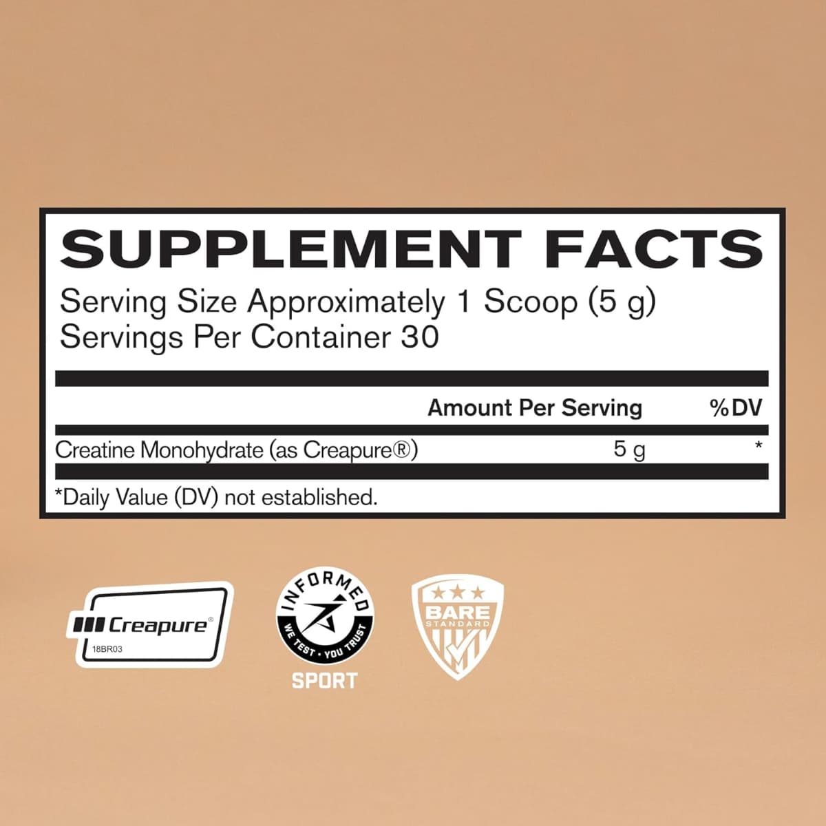 Tabla nutricional del suplemento Bare Performance Nutrition Monohidrato de Creatina Creapure 5000 mg 30 servicios polvo