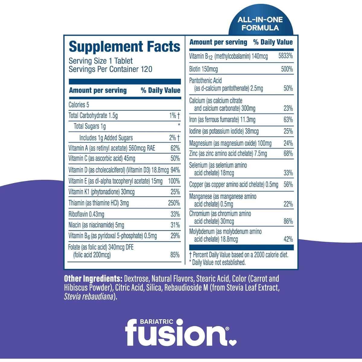 Tabla nutricional del suplemento Bariatric Fusion Multivitamínico Masticable sabor Frutos Rojos 120 tabletas