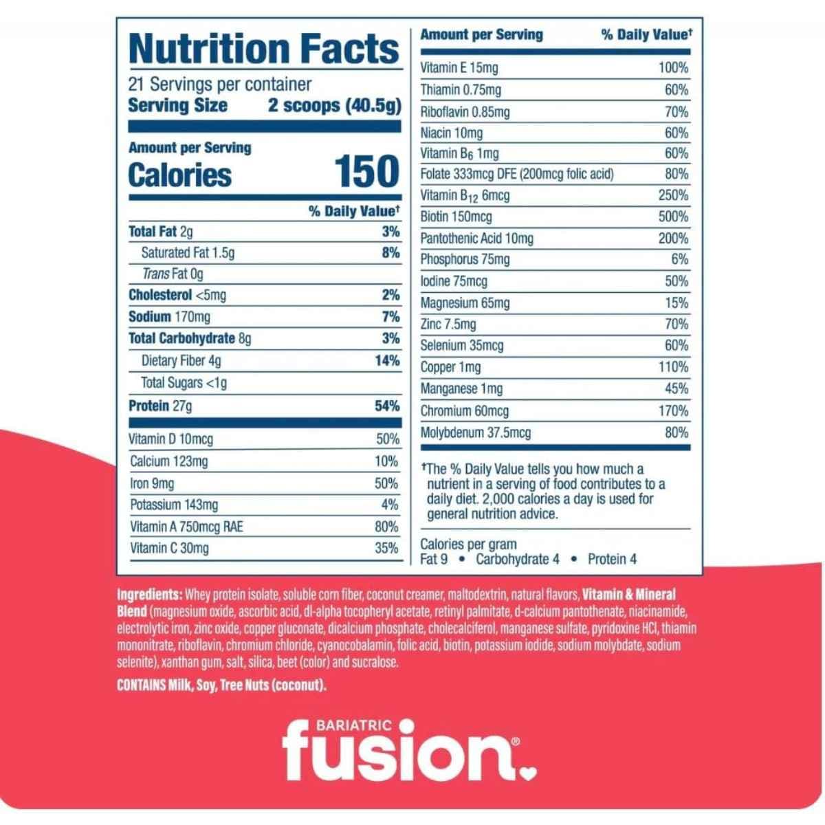 Tabla nutricional de Bariatric Fusion reemplazo de comida en polvo sabor fresa y plátano