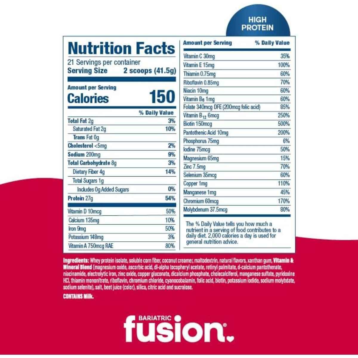 Tabla nutricional de Bariatric Fusion reemplazo de comida en polvo sabor fresa