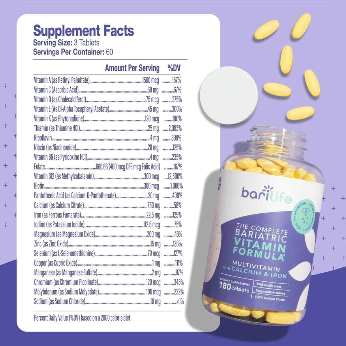 Tabla nutricional del suplemento BariLife Fórmula Vitamínica Bariátrica Completa 180 Tabletas