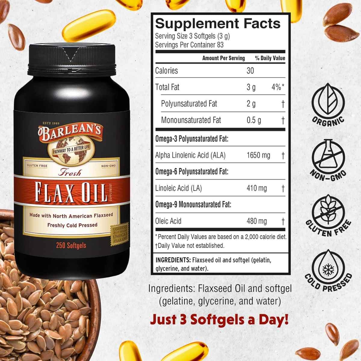 Tabla nutricional del suplemento Barlean's Aceite de Linaza 1650 mg 250 cápsulas blandas