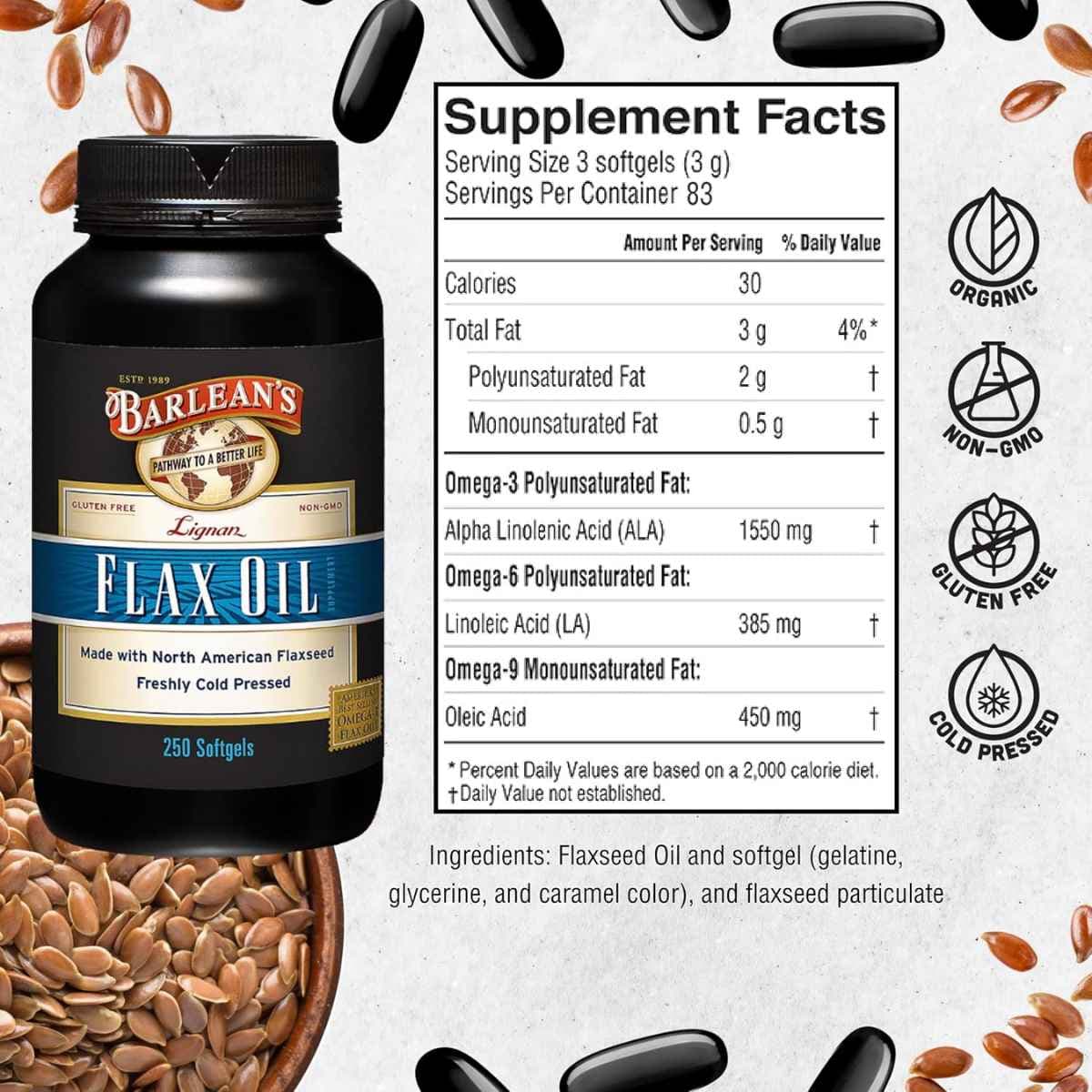 Tabla nutricional del suplemento Barlean's Aceite de Linaza con Lignanos 1550 mg 250 cápsulas blandas