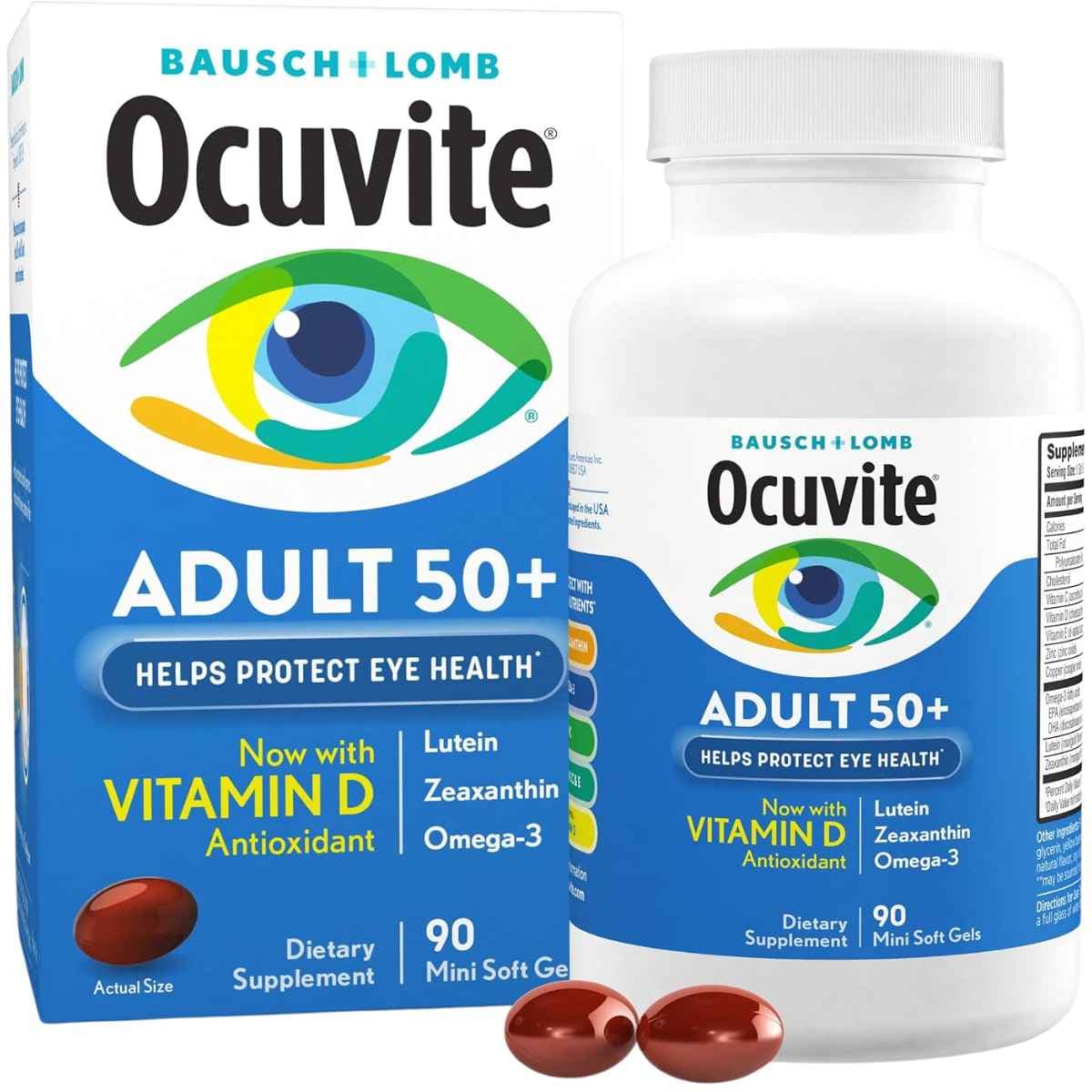 Frasco de suplemento Bausch + Lomb Ocuvite Adulto 50+ 90 Mini Cápsulas Blandas