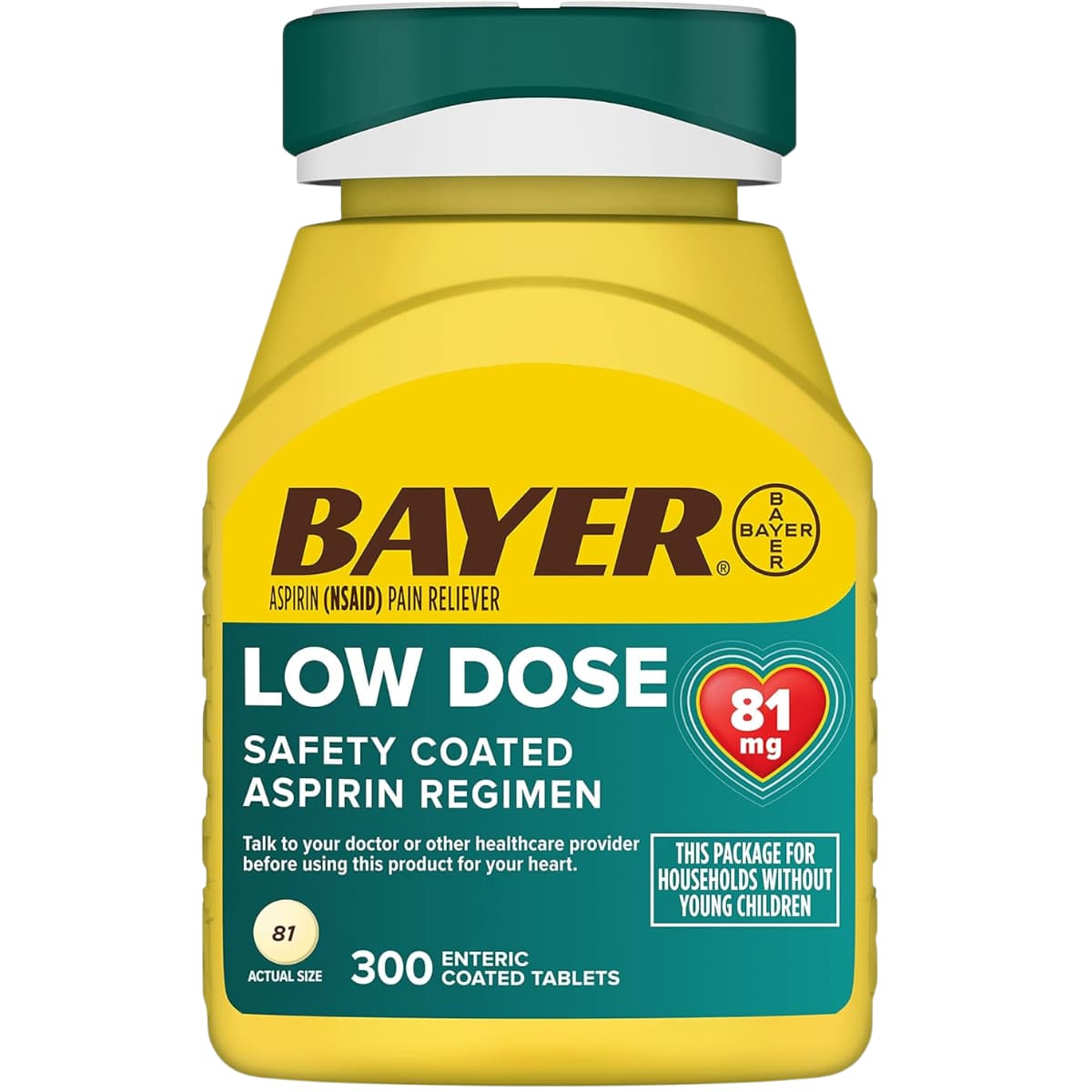 Frasco de suplemento Bayer Aspirina de Dosis Baja 300 tabletas