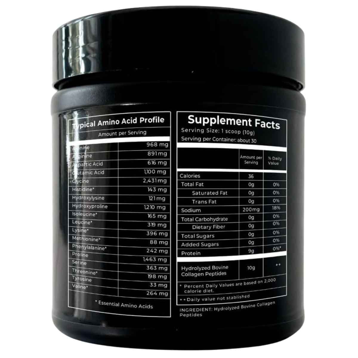 Etiqueta de información suplementaria de Bayter Nutrition péptidos de colágeno hidrolizado tipos I y III, presentación de 300 g