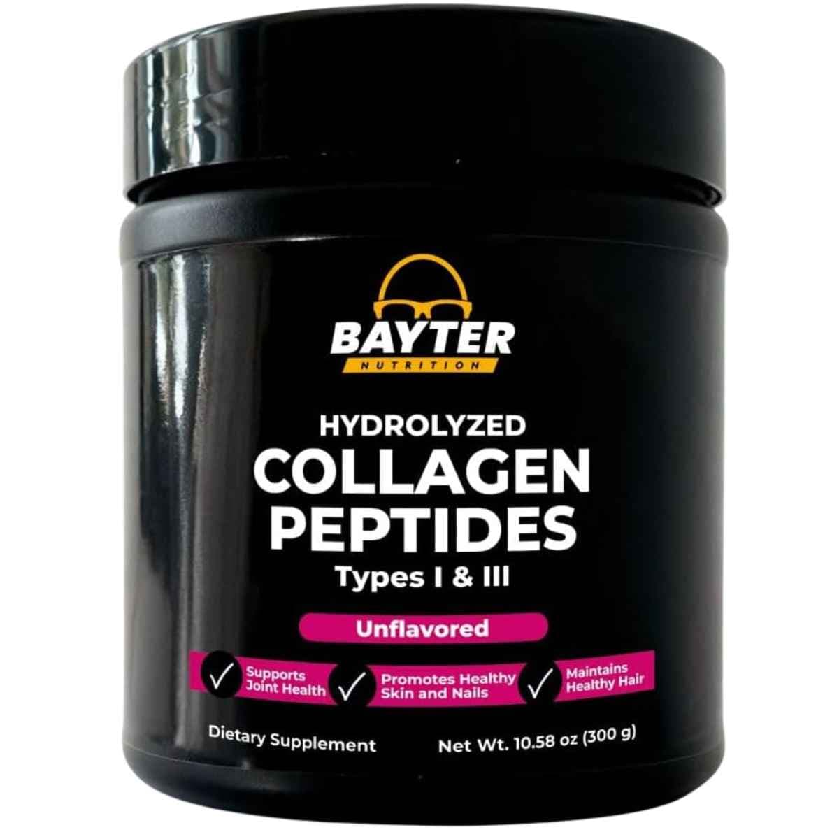 Frasco de Bayter Nutrition péptidos de colágeno hidrolizado tipos I y III 10 g, presentación de 300 g