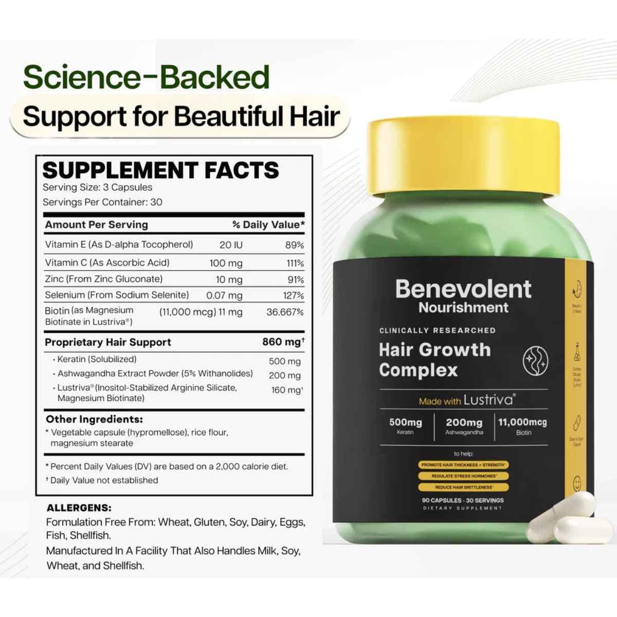 Tabla nutricional del suplemento Benevolent Nourishment Hair Growth Complex 90 cápsulas