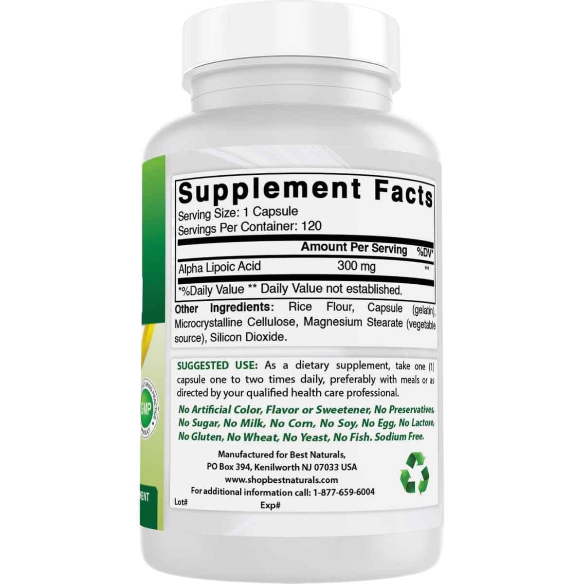 Best Naturals Ácido Alfa Lipoico 300 mg, tabla nutricional y modo de uso del envase de 120 cápsulas