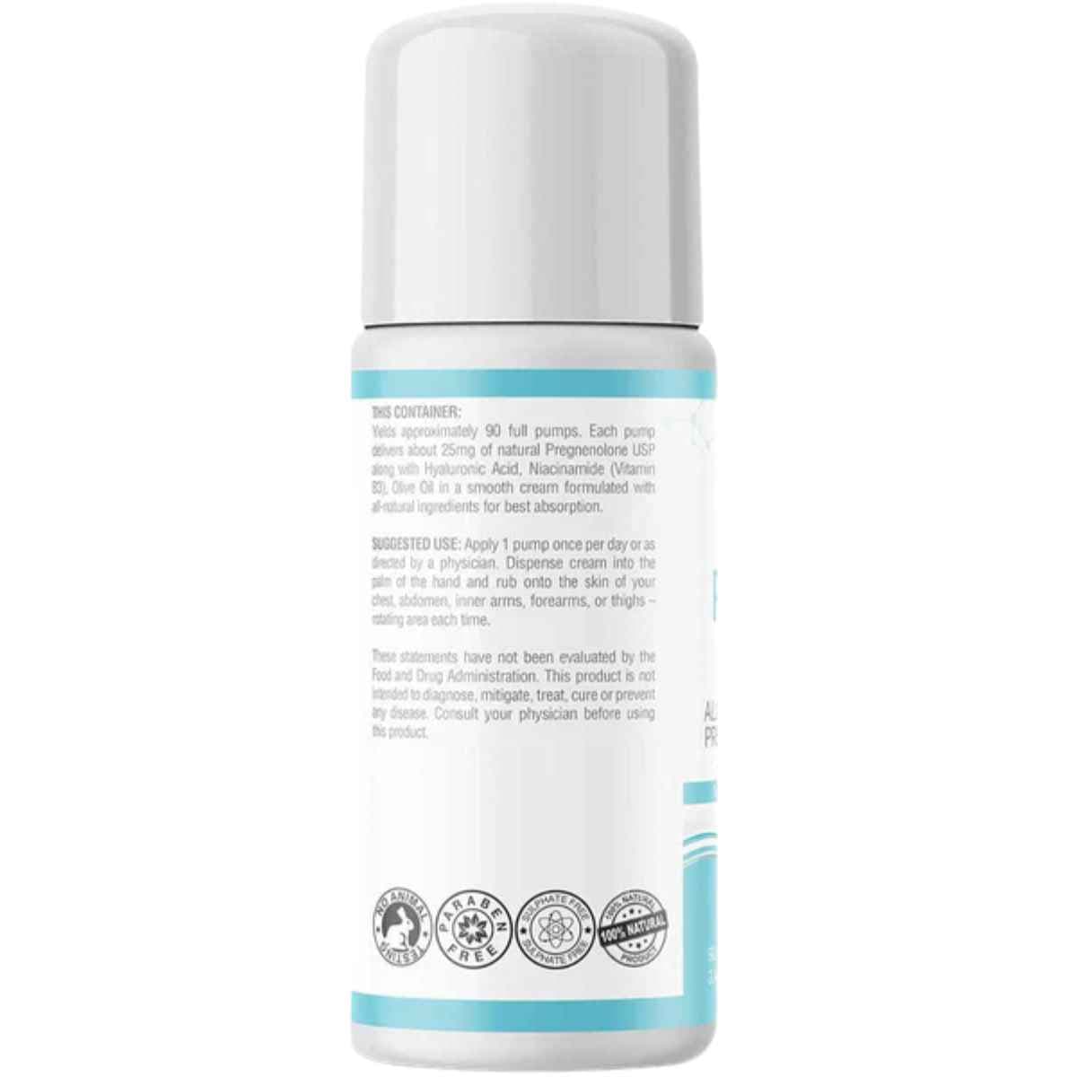 Etiqueta con ingredientes del suplemento BHRT Naturals Crema de Pregnenolona 25 mg 100 ml