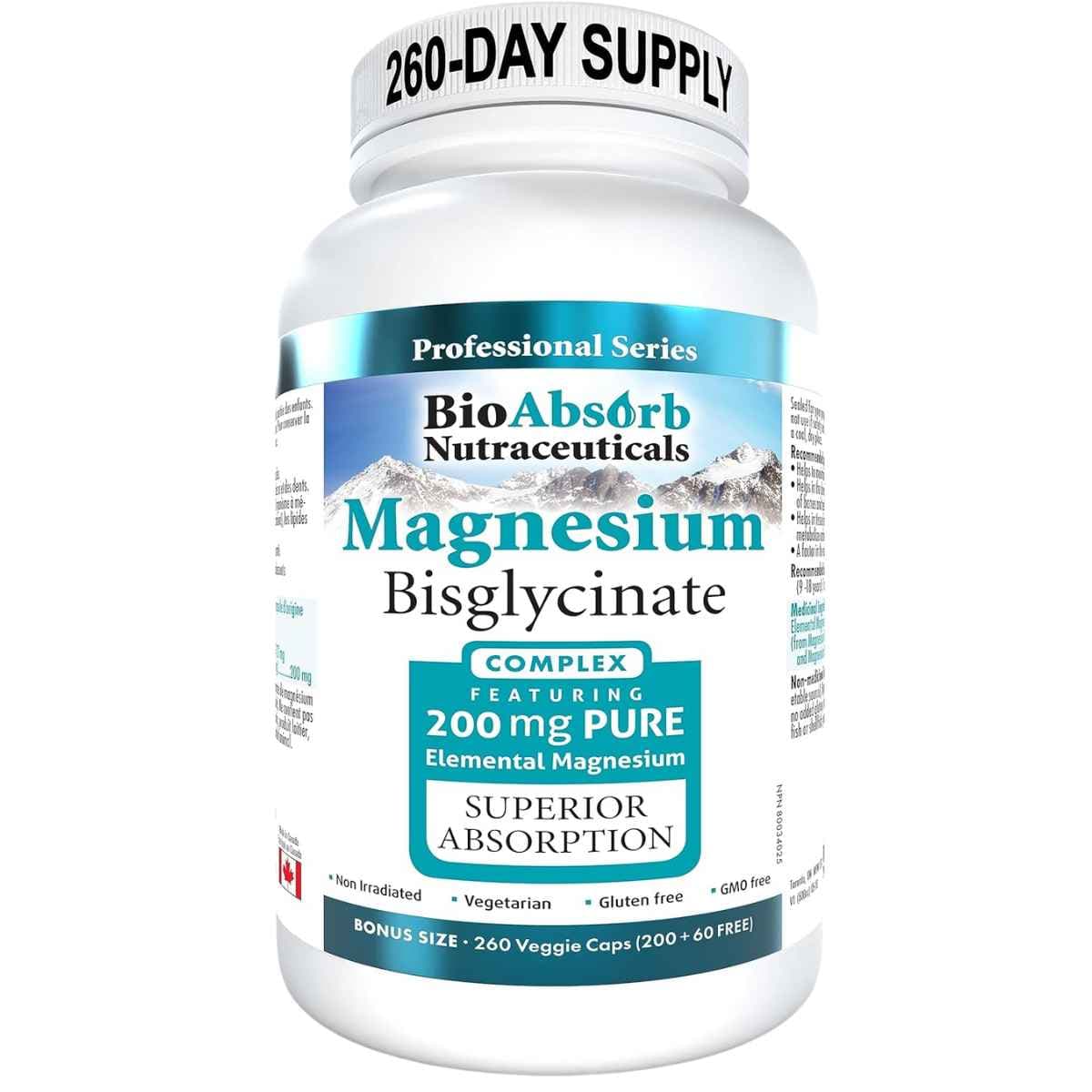 Frasco de suplemento BioAbsorb Nutraceuticals Bisglicinato de Magnesio 260 cápsulas
