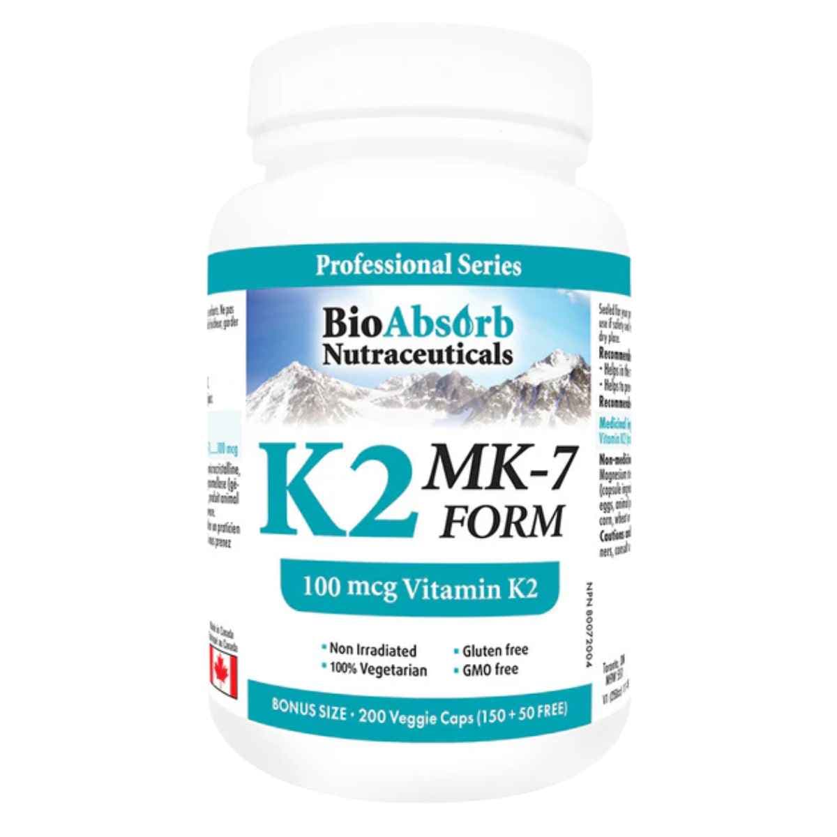 Frasco de suplemento BioAbsorb Nutraceuticals Vitamina K2 MK-7 200 cápsulas
