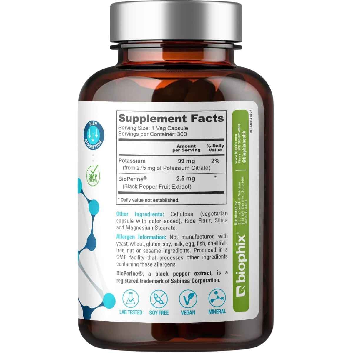 Tabla nutricional del suplemento biophix Citrato de Potasio 275 mg 300 cápsulas
