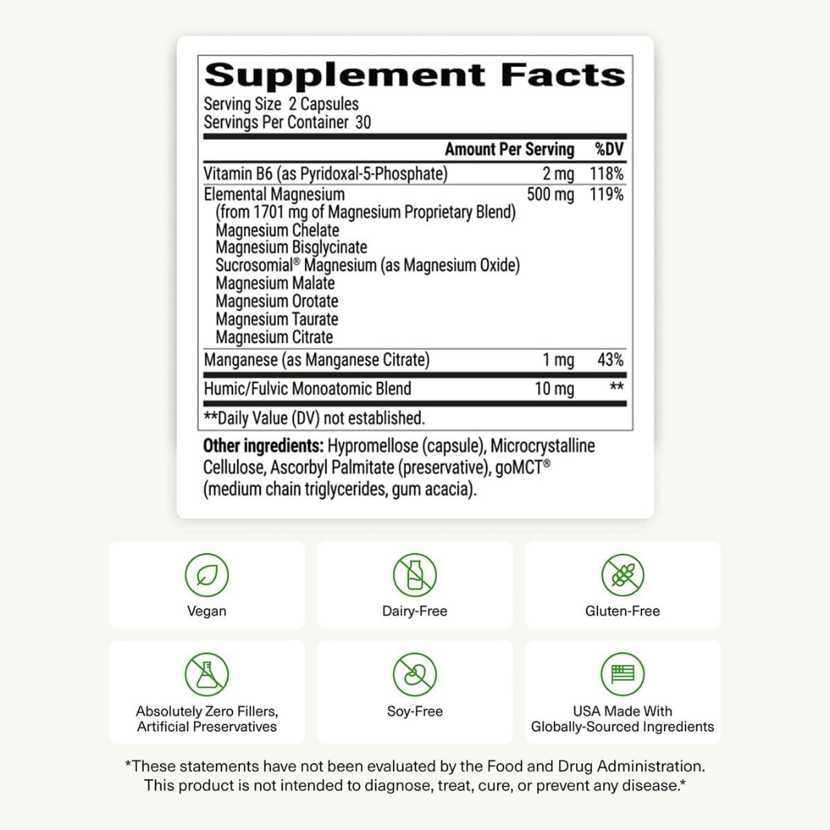 Panel de información del suplemento de BIOoptimizers Magnesium Breakthrough, con 500 mg de magnesio elemental por porción.