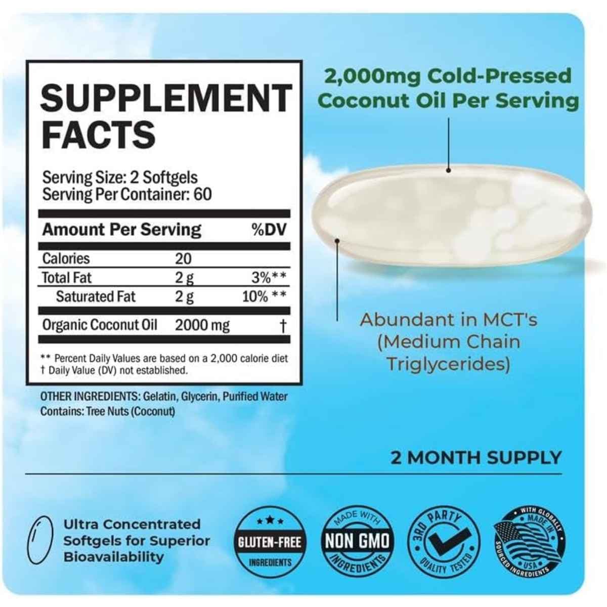 Tabla nutricional del suplemento BioSchwartz Aceite de Coco Orgánico 120 cápsulas blandas