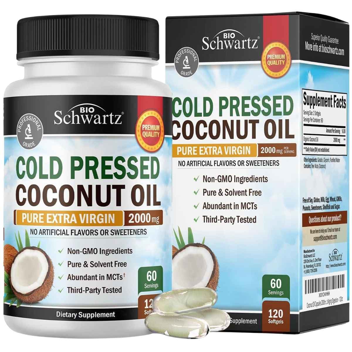 Frasco de suplemento BioSchwartz Aceite de Coco Orgánico 120 cápsulas blandas