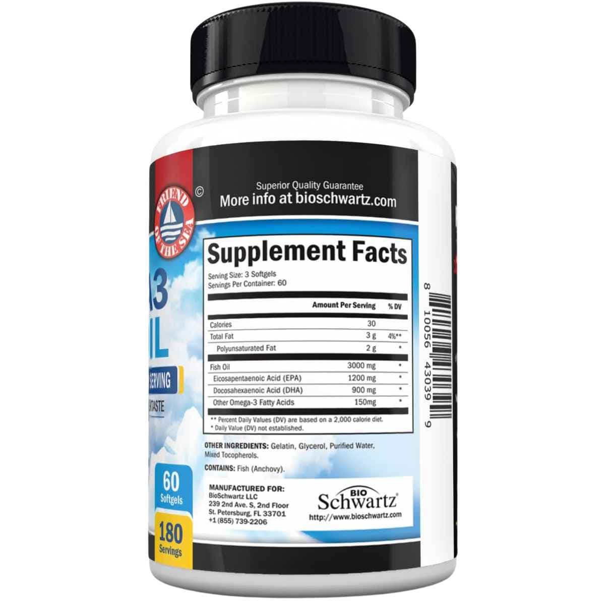 Etiqueta de información suplementaria de BioSchwartz aceite de pescado Omega-3 3000 mg sabor limón, presentación de 180 cápsulas blandas