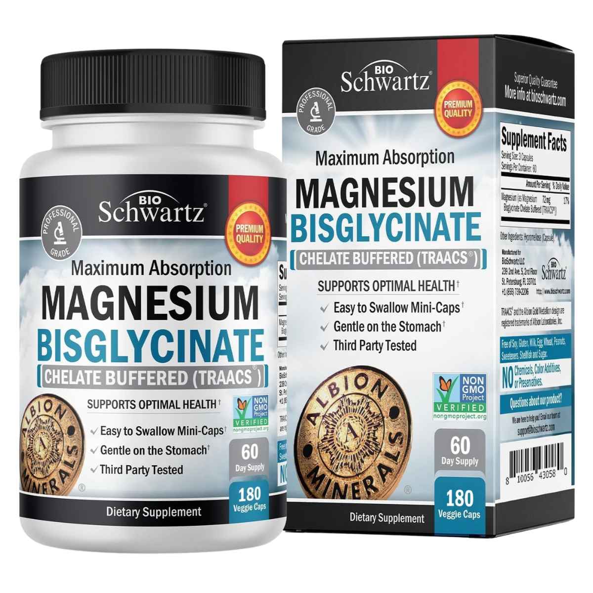 BioSchwartz bisglicinato de magnesio TRAACS, frasco de 180 cápsulas vegetales