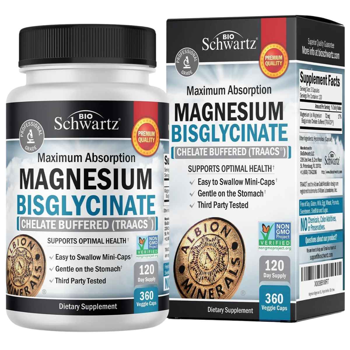 BioSchwartz bisglicinato de magnesio TRAACS, frasco de 360 cápsulas vegetales