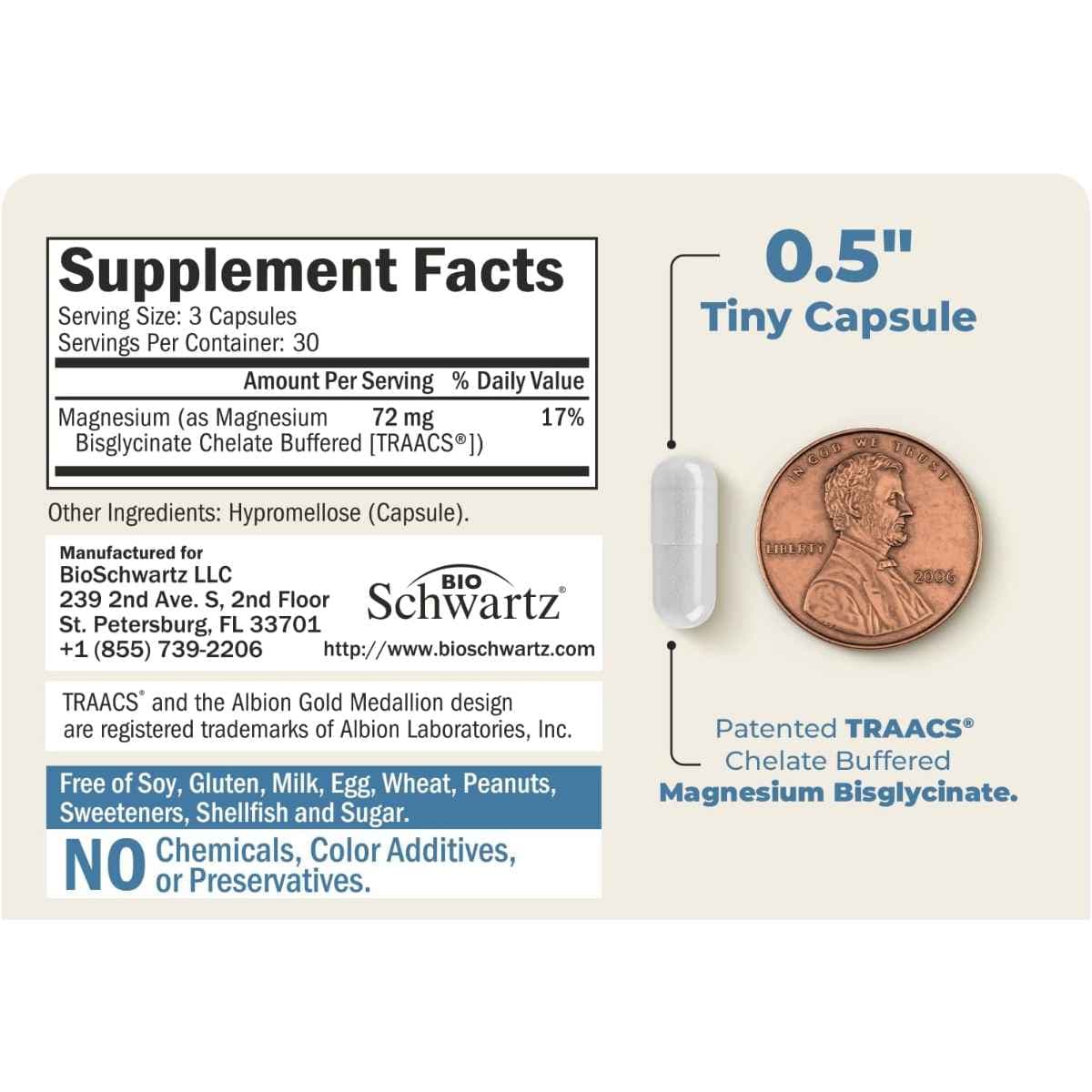Información del suplemento de BioSchwartz bisglicinato de magnesio TRAACS, 90 cápsulas vegetales