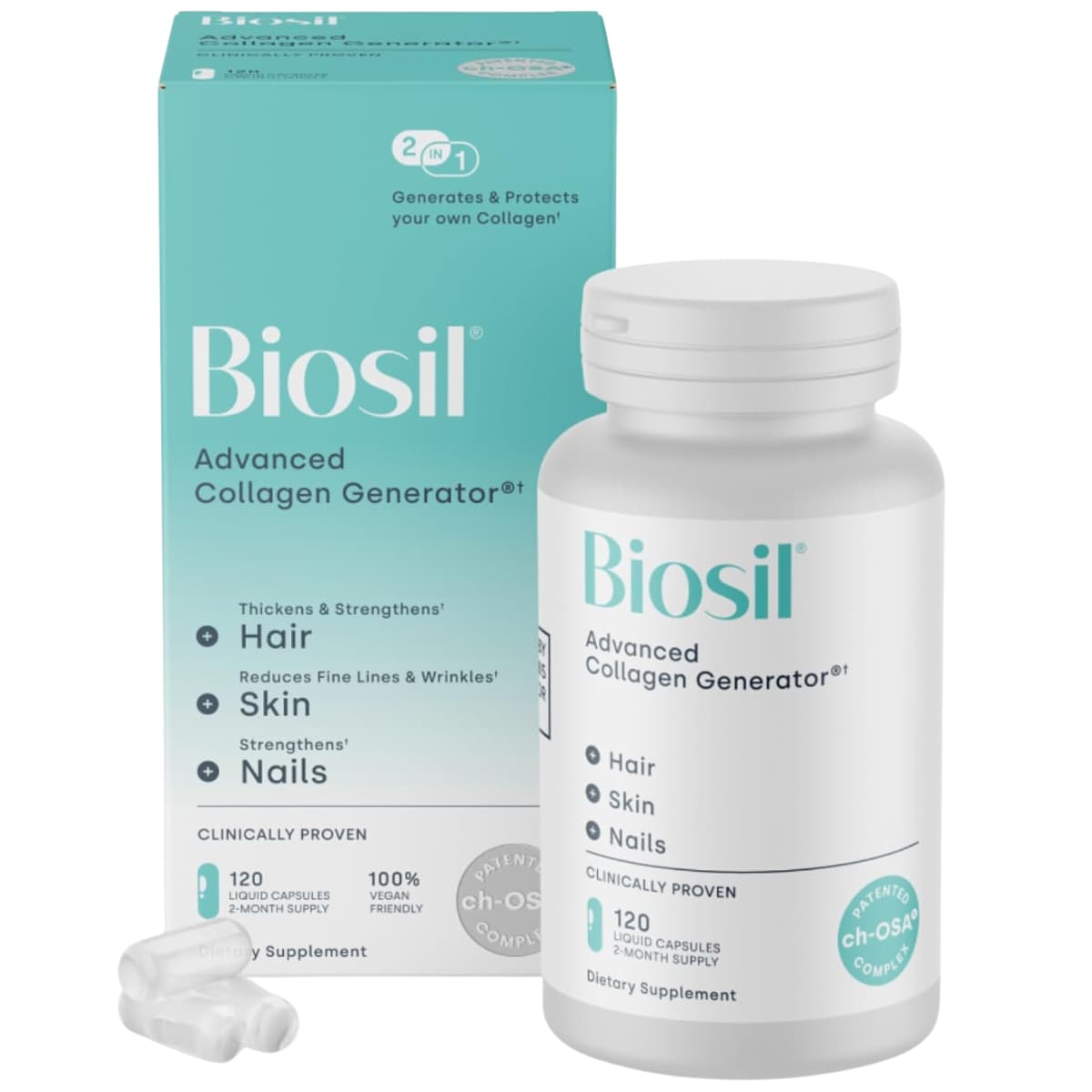 Suplemento Biosil Advanced Collagen Generator en cápsulas líquidas, presentación de 120 cápsulas