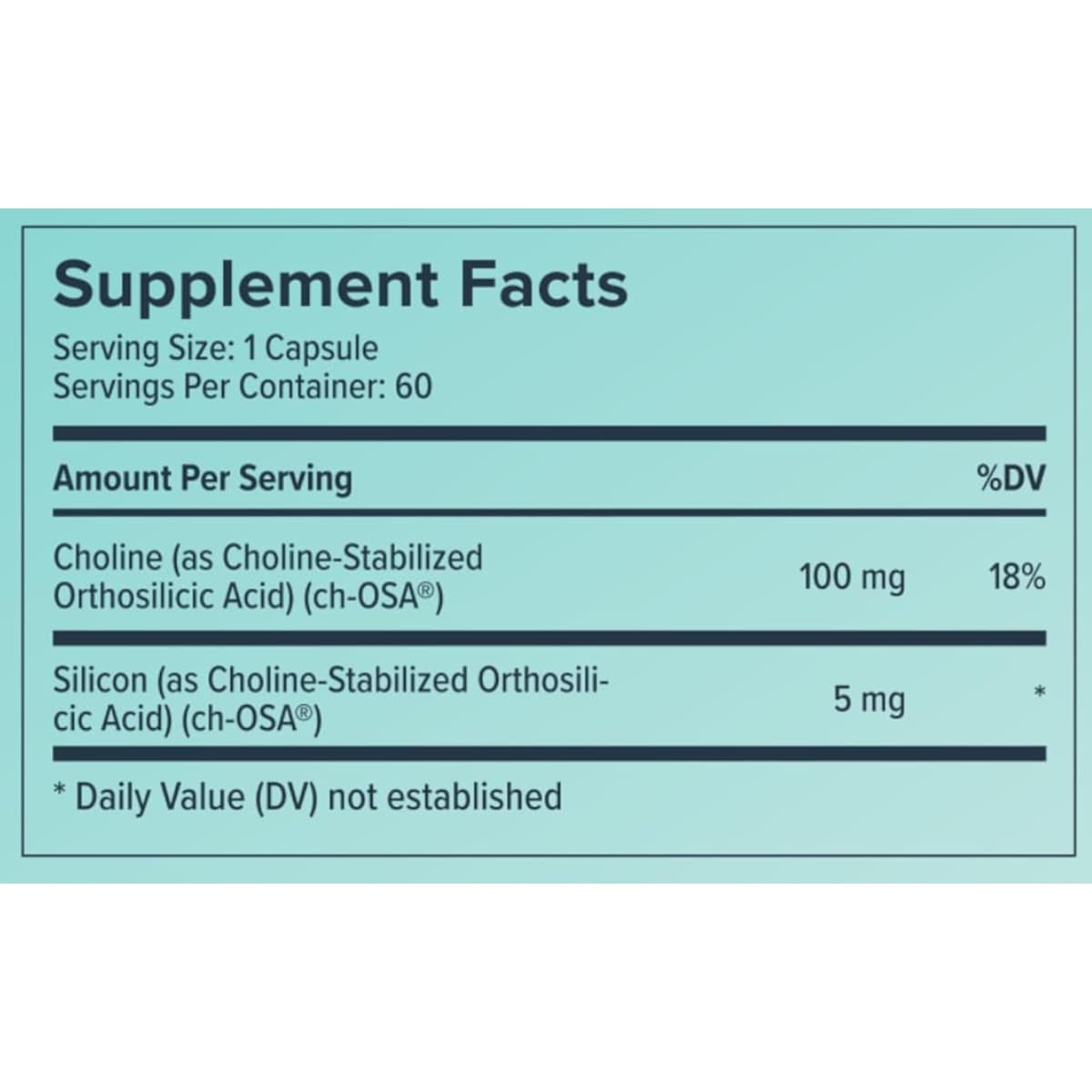 Tabla nutricional del suplemento Biosil Advanced Collagen Generator en cápsulas líquidas, 60 cápsulas