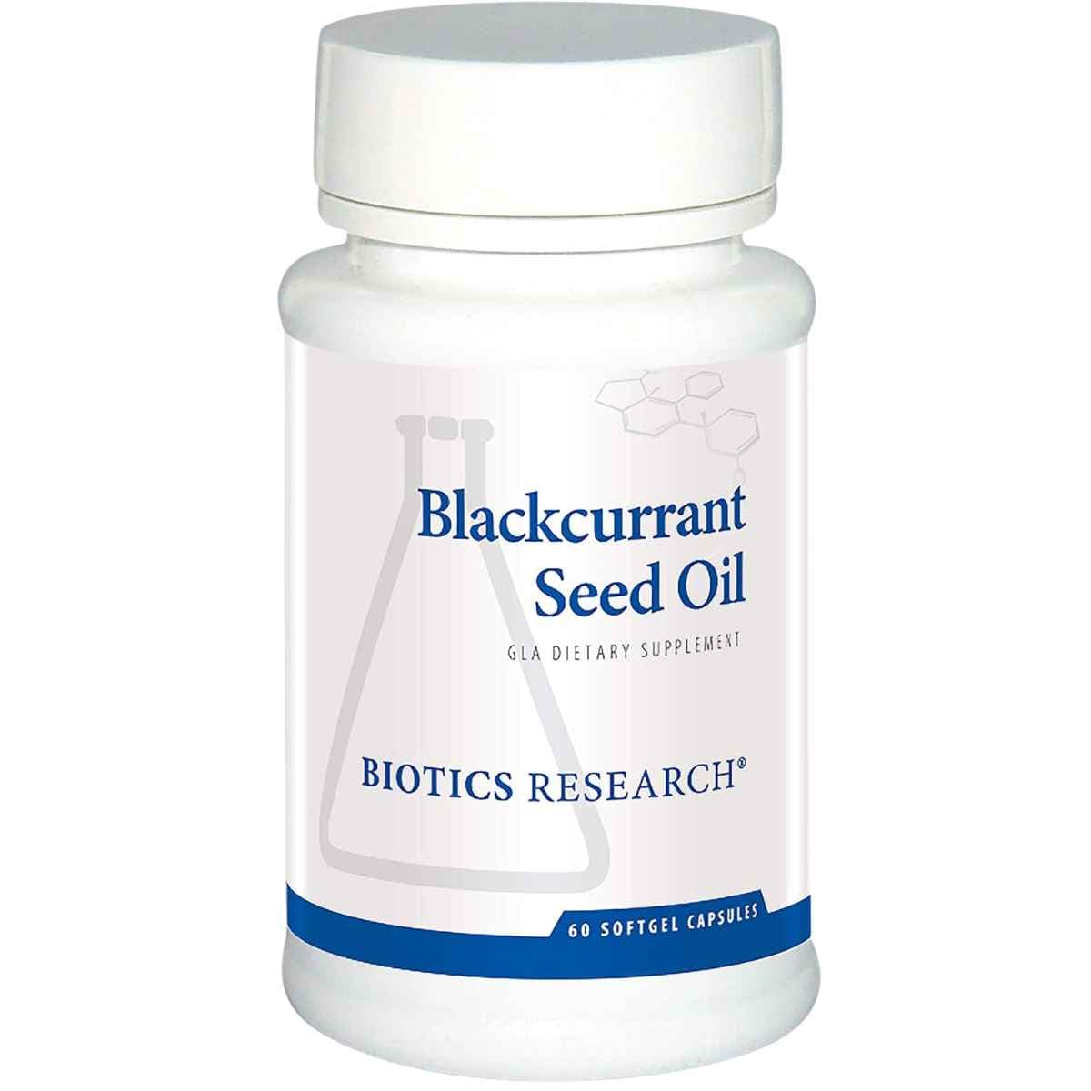 Frasco frontal de Biotics Research Aceite de semilla de grosella negra, presentación de 60 cápsulas blandas