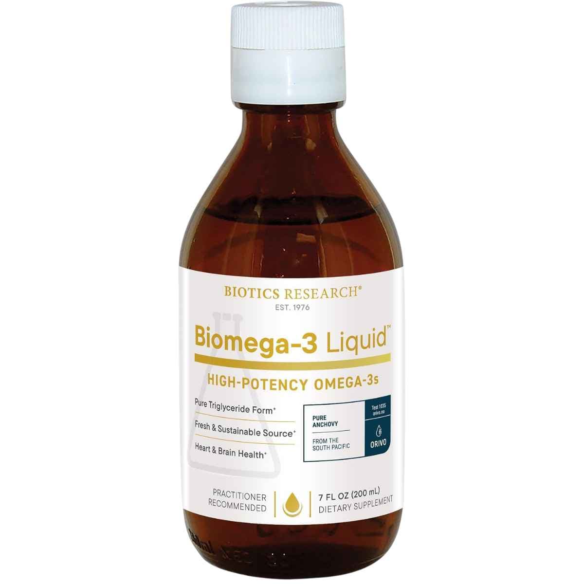Frasco frontal de Biotics Research Biomega-3 líquido, presentación de 200 ml.