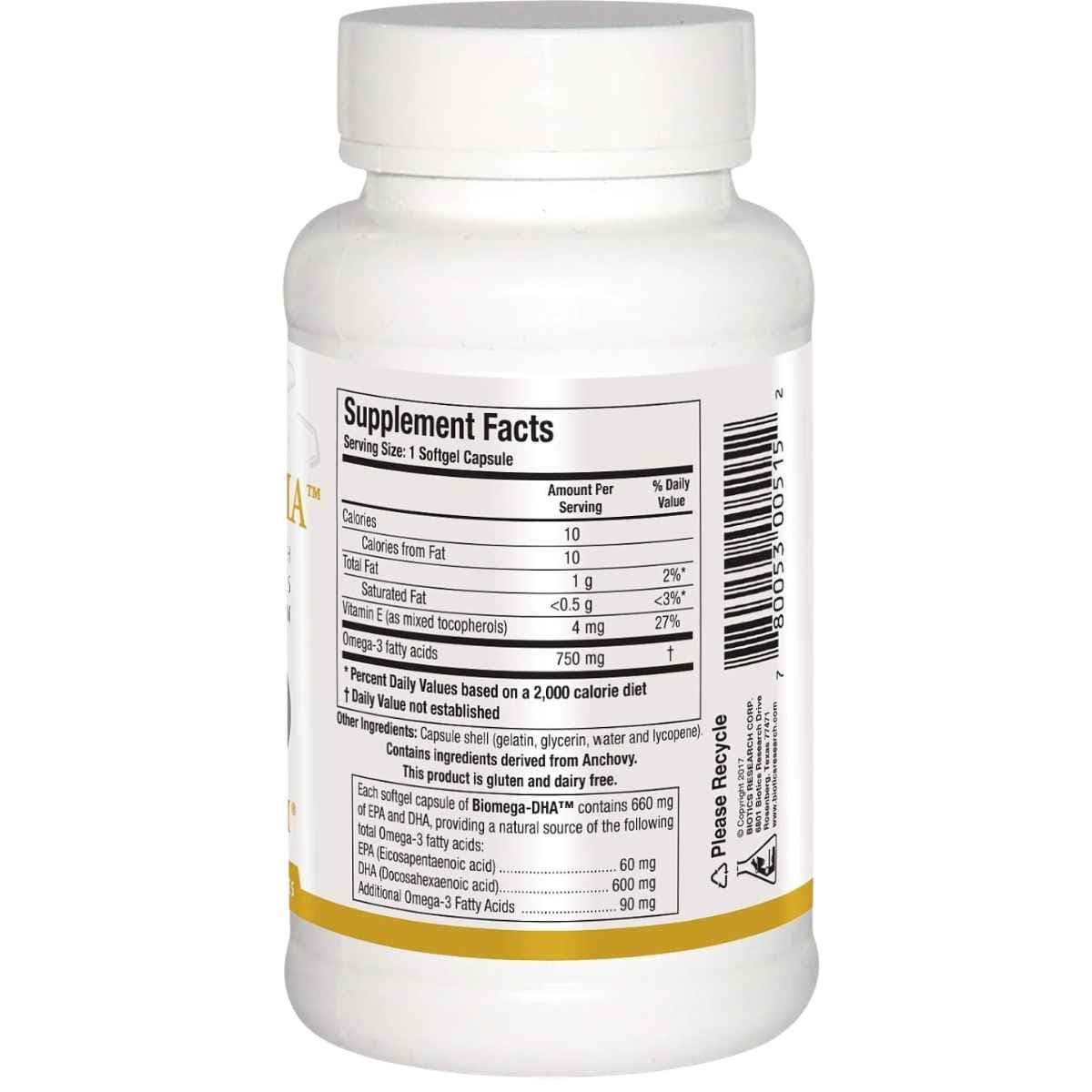 Información del suplemento de Biotics Research Biomega-DHA con DHA, EPA y otros ácidos grasos omega 3.